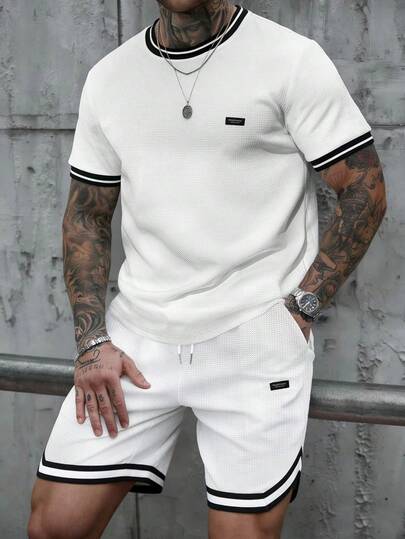 Manfinity Homme Men's Casual Striped Trim Short Sleeve T-Shirt And Drawstring Waist Shorts Set, Summer Men Two Pieces Set Summer Men Two Pieces Casual Short Sets White Short Set Men Men Summer Sweatsuit Men's 2 Pieces Outfits White,Men Old Money,Daily Leisure, Weekend Trips, Outdoor Activities, Travel Expeditions, Relaxed Work Environments Or Semi-Formal Occasions, Boyfriend/Husband Gift, Anniversary /Birthday Gift Party Summer Vacation Holiday,Wedding,Spring To Summer,Mardi Gras,