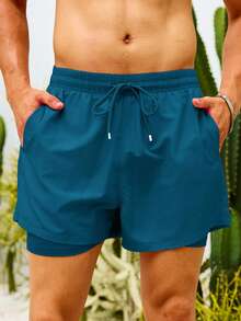 CoralVoy Men's Solid Color Double-Layer Drawstring Waist Beach Shorts, Holiday - Dark Green - View 6