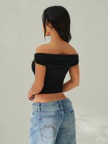 SHEIN PETITE 不对称肩部针织T恤上衣，紫红色黑色上衣 - 黑色 - 查看 3