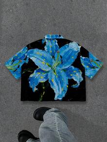 Manfinity ZONE917 Boxy Cropped Street-Style Faux Oil Painting Floral Graphic Print Short Sleeve Shirt - Black - View 5