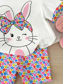 SHEIN 2pcs/Set Baby Girl Cute White Summer Clothes,Cartoon Rabbit Print Round Neck Short Sleeve T-Shirt And Shorts Set,Family Matching Toddler Easter Outfit - Multicolor - View 6
