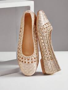 SHUZIA Ladies Elegant Woven PU Ballet Flats - Gold - View 7