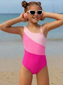 SHEIN 少女三色拼接连体泳衣，时尚休闲，适合游泳和度假，夏季 - 彩色 - 查看 4