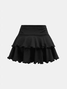 SHEIN Girlism 少女休闲、运动、校园、返校季、黑色层叠荷叶边裙短裤，蝴蝶结装饰，甜美又酷炫，黑粉色，春夏，清爽，基础款，日常百搭，运动时尚夏季，返校季，校服 - 黑色 - 查看 2