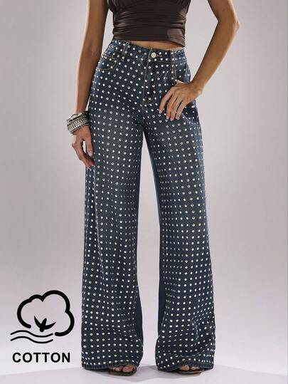 SHEIN BAE Pantalones vaqueros de pierna ancha con remaches de estilo festival de música primavera/verano para mujeres, pantalones azules con decoración metálica, adecuados para festivales, conciertos, fiestas, diseño de cintura alta, con adornos de strass, pantalones vaqueros de estilo occidental Y2K
