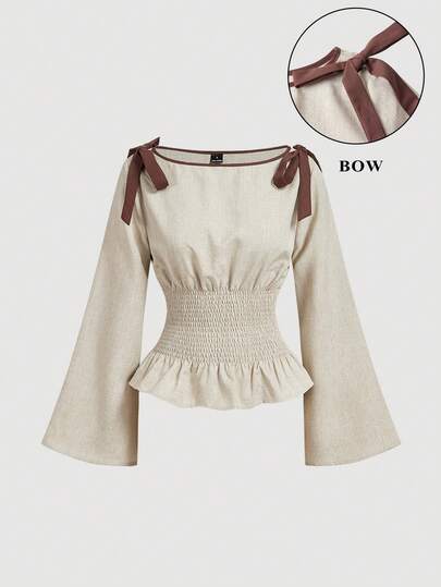 SHEIN MOD Women's Contrast Color Bow Decor Flare Sleeve Waist Cinched Fashion Blouse,Summer,Vacation Outfits, Retro, Vintage,Country Outfits,  Going Out,Teacher Outfits For Women,Date, Picnic,Cute,Spring Break Outfits,
