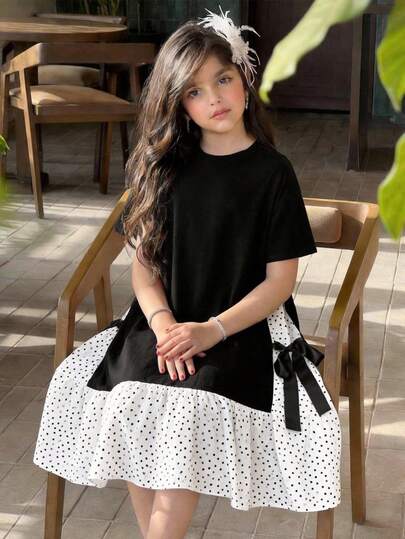 SHEIN Tween Girls' Spring/Summer Casual Knit Polka Dot Bow Decor Loose A-Line Short Sleeve Dress, Black Dress, Suitable For Daily Outing, Back To School