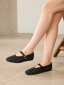 MOTF PREMIUM 女士通勤休闲舒适百搭玛丽珍方头平底鞋 - 黑色毛呢 - 查看 6