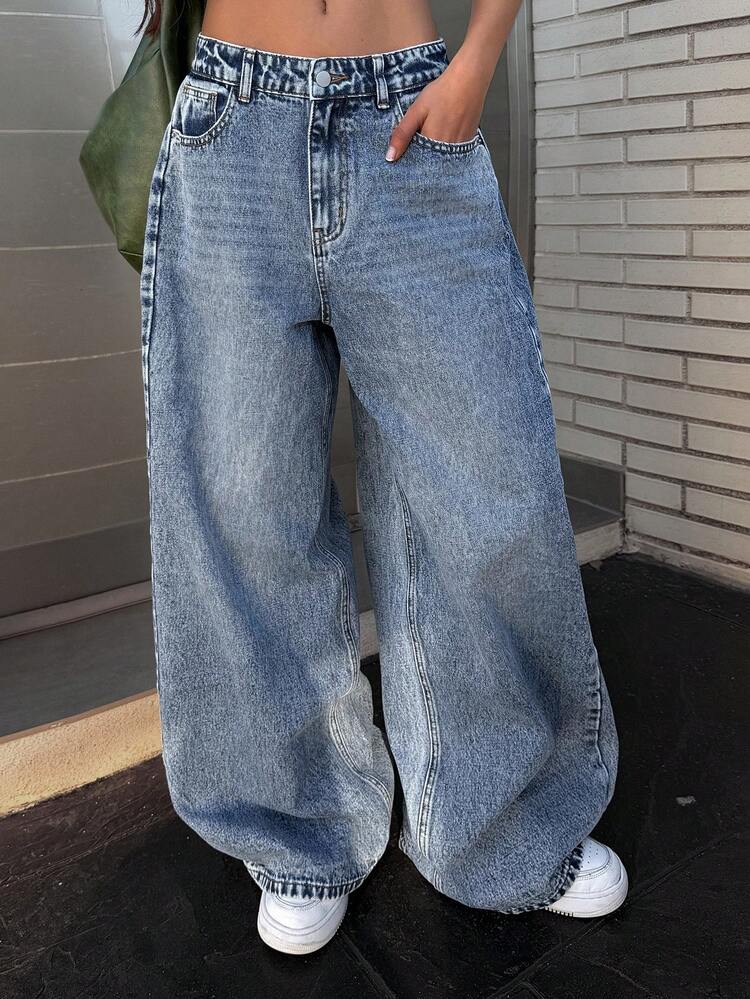 Women's Blue Cotton Washed Wide Leg Casual Jeans, Summer