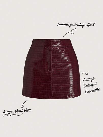 SHEIN Saia Curta Ajustada de Cintura Baixa, Saia de Couro, Outono, Bordô, Férias, Apresentação Feminina, Saia Bordô Estilo Francês, Saia Bordô Marrom, Saia Curta Tipo A, Saia Textura de Pele de Crocodilo, Saia de Couro Vermelha, Saia Vinho, Saias Femininas, Looks de Festa, Saia, Saia-Shorts, Saias Cintura Alta para Mulheres
