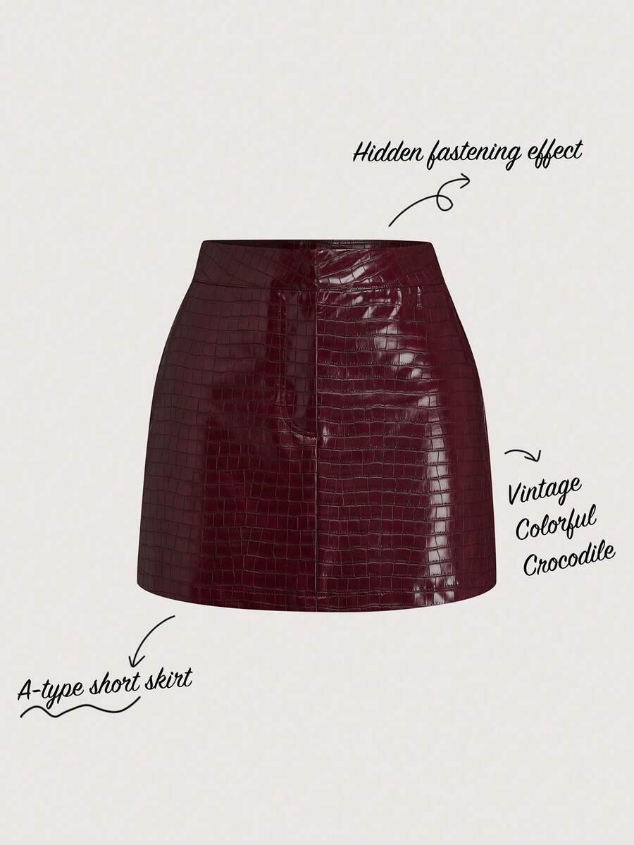 Olithes 修身低腰迷你裙，皮裙，秋季，酒红色，假日，女士舞台表演，法式酒红色半身裙，酒红色半身裙，A字短裙，鳄鱼纹半身裙，红色皮裙，酒红色半身裙，女士半身裙，派对服装半身裙，短裙，高腰半身裙 - 酒紅色 - 查看 1