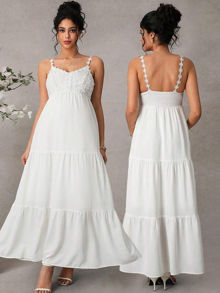 Momance 孕妇夏季休闲度假风蕾丝拼接层叠下摆吊带连衣裙 - 白色 - 查看 1