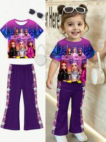 SHEIN 女婴休闲简约短袖圆领T恤和喇叭裤套装，适合春夏穿着 - 彩色 - 查看 3