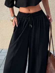 SHEIN Unity Pantalones Deportivos Holgados Con Cordón Para Mujer - Negro - Ver 5