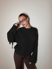 Abrilcols 棕色针织袖口系带宽松套头衫，秋冬新品 - 黑色 - 查看 1