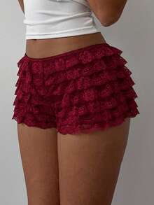 Aloruh Women's Colorblock Lace Trim Mesh Multi-Layer Ruffle Hem Micro Shorts, Fashionable For Music Festivals In Spring/Summer - Red - View 6