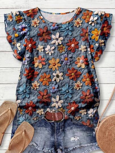 Rusticease Casual Minimalist Vintage Coin Floral Print Round Neck Blouse, Versatile Style Suitable For Early Autumn