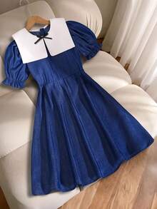 Elladie kids Robe blanche à col mignon pour préadolescentes avec décoration de nœud noir, robe grise décontractée - Bleu azur - Voir 2