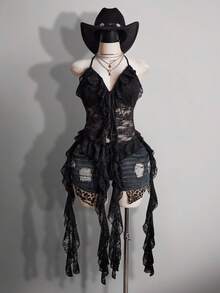 SHEIN ICON 大码女式蕾丝拼接荷叶边吊带系带性感百搭上衣，适合约会和外出穿着 - 黑色 - 查看 3