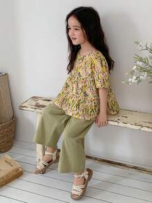 DAZY 少女碎花花瓣袖衬衫和裤子休闲套装 - 綠色 - 查看 2