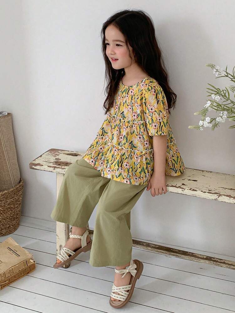 Young Girl Floral Print Petal Sleeve Shirt And Pants Casual Suit Summer