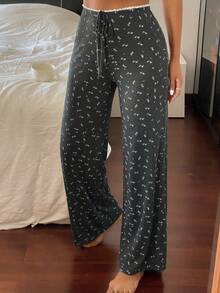 Livesso Ditsy Floral Knit Contrast Trim Waist Loose Straight Leg Long Pajama Pants, Suitable For Summer And Spring, Women - Dark Grey - View 3