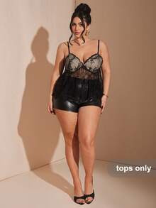 SHEIN BAE Áo hai dây dệt kim xuyên thấu gợi cảm cỡ lớn với ren đen và dây mảnh, họa tiết thực vật, vạt áo bất đối xứng, chiều dài tiêu chuẩn. - màu đen - Xem 4