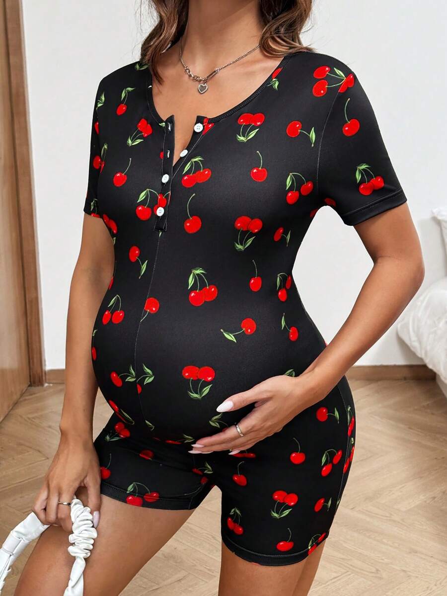 SHEIN 孕妇休闲樱桃印花连体衣，夏季 - 黑色 - 查看 1