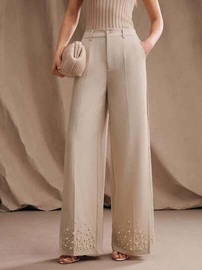 Anewsta Apricot Lace Patchwork Slimming High Slit Pearl & Rhinestone Embellished Wide Leg Pants, Suitable For Modern Retro Workplace And Party Wear Pearl Embellished Pants Elegant Pants For Women Wide Leg Pants For Women Lace Insert Pants Palazzo Pants Women