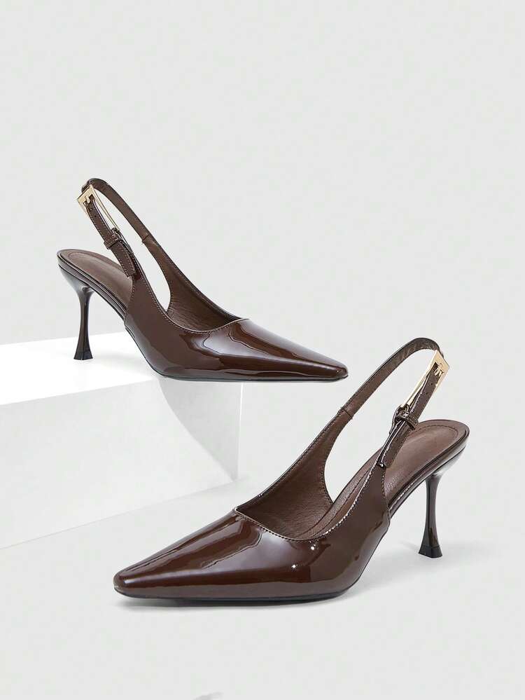 CUCCOO SZL Women's Pointed Brown Patent Leather Metal Buckle Back Strap Fashionable Sexy Style Dating Style Stiletto High Heel Shoes