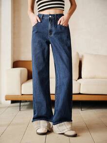 Anewsta Women's Elegant Patchwork Plaid Romantic Party Casual Vacation Blue Straight Leg Cuffed Jeans, Spring/Summer - Blue - View 5