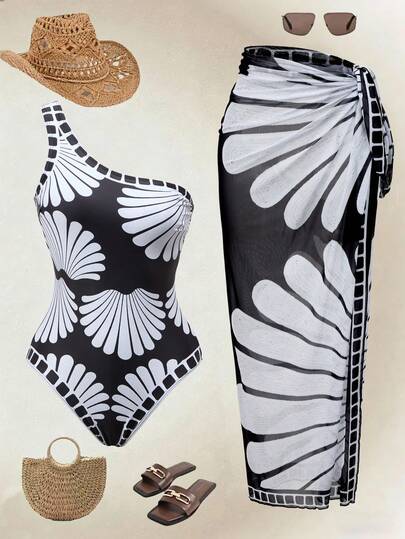 Swim Oasis Women's Vacation Printed Off-Shoulder One-Piece Swimsuit With Coverup And Skirt