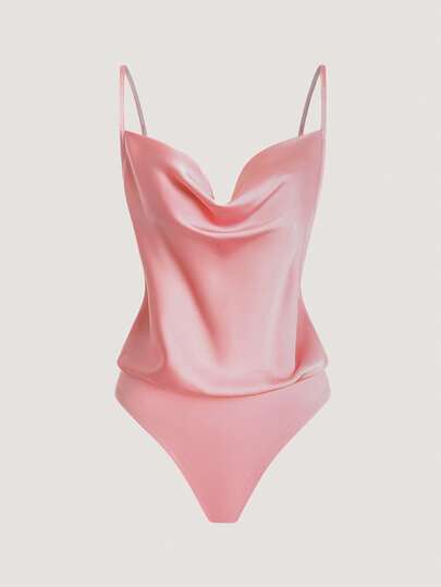 Olithes Solid Color Draped Spaghetti Strap Elegant Satin Bathingsuit Bathsuit Period Swimsuit Pink Bodysuit Draped Neckline Bodysuit Strapless Bodysuit Satin Bodysuit