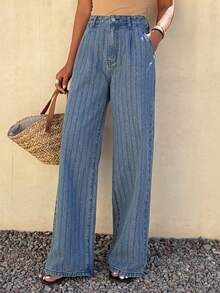 Livesso 女士休闲条纹水洗直筒牛仔裤，四季皆宜 - 中等水洗藍 - 查看 4