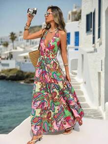Vivid Eden Bohemian Style Printed Halter Backless A-Line Dress For Women, Casual Vacation Wear, Spring/Summer, Floral Dresses For Women, Vacation Outfits Women, Holiday Outfits For Women, Summer Holiday Outfits, Beach Vacation Outfits For Women Women Dresses Vacation Long Dress Summer Beach Long Dress - Multicolor - View 2