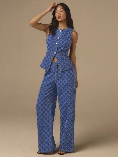 COSMINA Denim Bộ đồ denim 2 mảnh thanh lịch dành cho nữ, cổ tròn, không tay, chất liệu jacquard, thích hợp cho đi làm, công sở, đi chơi, sinh hoạt hàng ngày, nghỉ mát, dạo phố, đầu xuân.