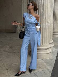 Siren Gaze Siren Gzae 夏季度假套装 女士条纹不对称肩部上衣和阔腿裤休闲两件套 女士度假套装 流行套装 女士夏季套装 女士春季套装 女士夏季套装 - 藍色 - 查看 3