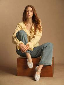 Rosivie Zapatos planos de material trenzado de PU, zapatos elegantes de estilo de oficina para ir y venir - Blanco roto - Ver 4