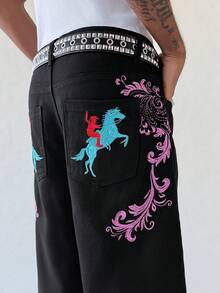 PAVTROS Men's Embroidered Loose Casual Slant Pocket Wide Leg Denim Shorts - Black - View 5