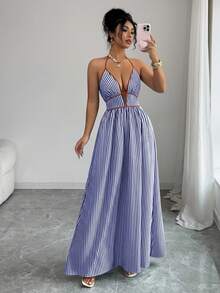 Elenzga Đầm hở lưng cổ yếm kẻ sọc phong cách thường ngày cho kỳ nghỉ - Xanh và trắng - Xem 5