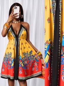 BamGleam Women's Spaghetti Strap Tie Backless Floral Print Ruffle Sexy Date Party Mid-Length Slip Dress - Multicolor - View 7