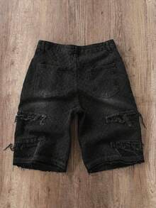 Manfinity Joysei 男士休闲宽松破洞牛仔阔腿短裤 - 黑色 - 查看 2