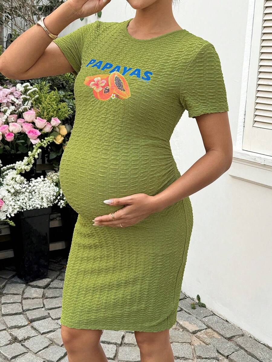SHEIN Maternity Letter & Papaya Print Round Neck Short Sleeve Fitted Dress - Green - View 1