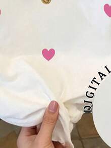 SHEIN 年轻女孩爱心印花宽松休闲撞色条纹圆领T恤 - 彩色 - 查看 5