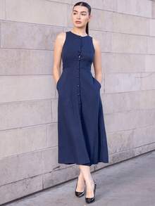 Andrea Bello Vacation Casual Solid Color Front Button Sleeveless Dress - Navy Blue - View 4