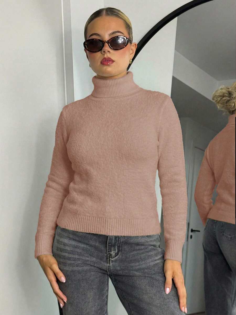 Bethéva 秋冬季高领加厚保暖内衬长袖修身套头衫 - 杏色 - 查看 1