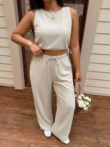 SHEIN EZwear Bộ đồ 2 món dành cho nữ cỡ lớn, màu trơn, cổ tròn, gồm áo tank top và quần dài cạp chun, kiểu dáng thường ngày. - Màu be - Xem 1