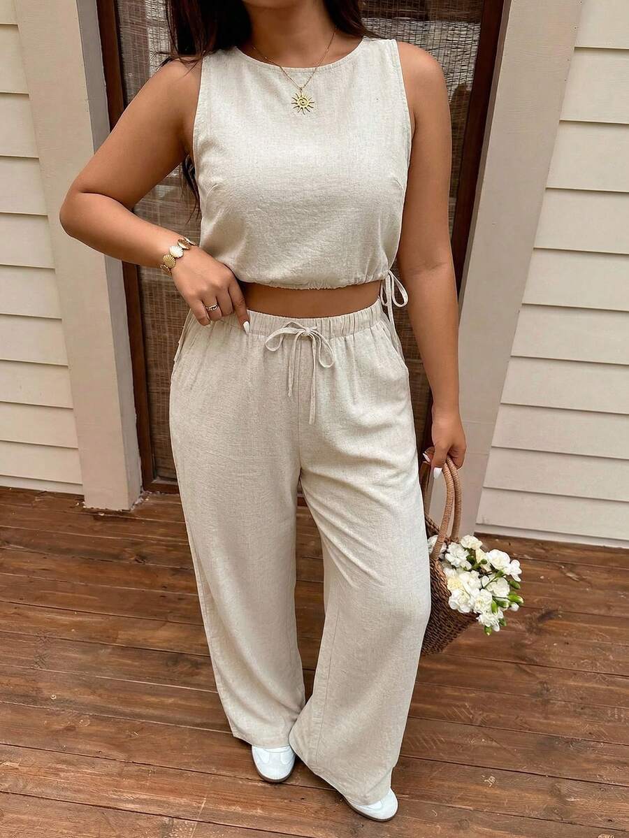 SHEIN EZwear Bộ đồ 2 món dành cho nữ cỡ lớn, màu trơn, cổ tròn, gồm áo tank top và quần dài cạp chun, kiểu dáng thường ngày. - Màu be - Xem 1