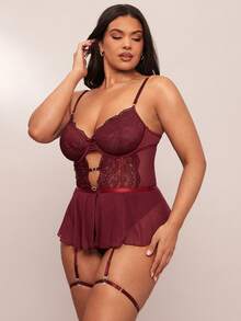SHEIN BAE 4 件套大码性感网眼蕾丝拼布泰迪内衣套装 - 酒紅色 - 查看 6
