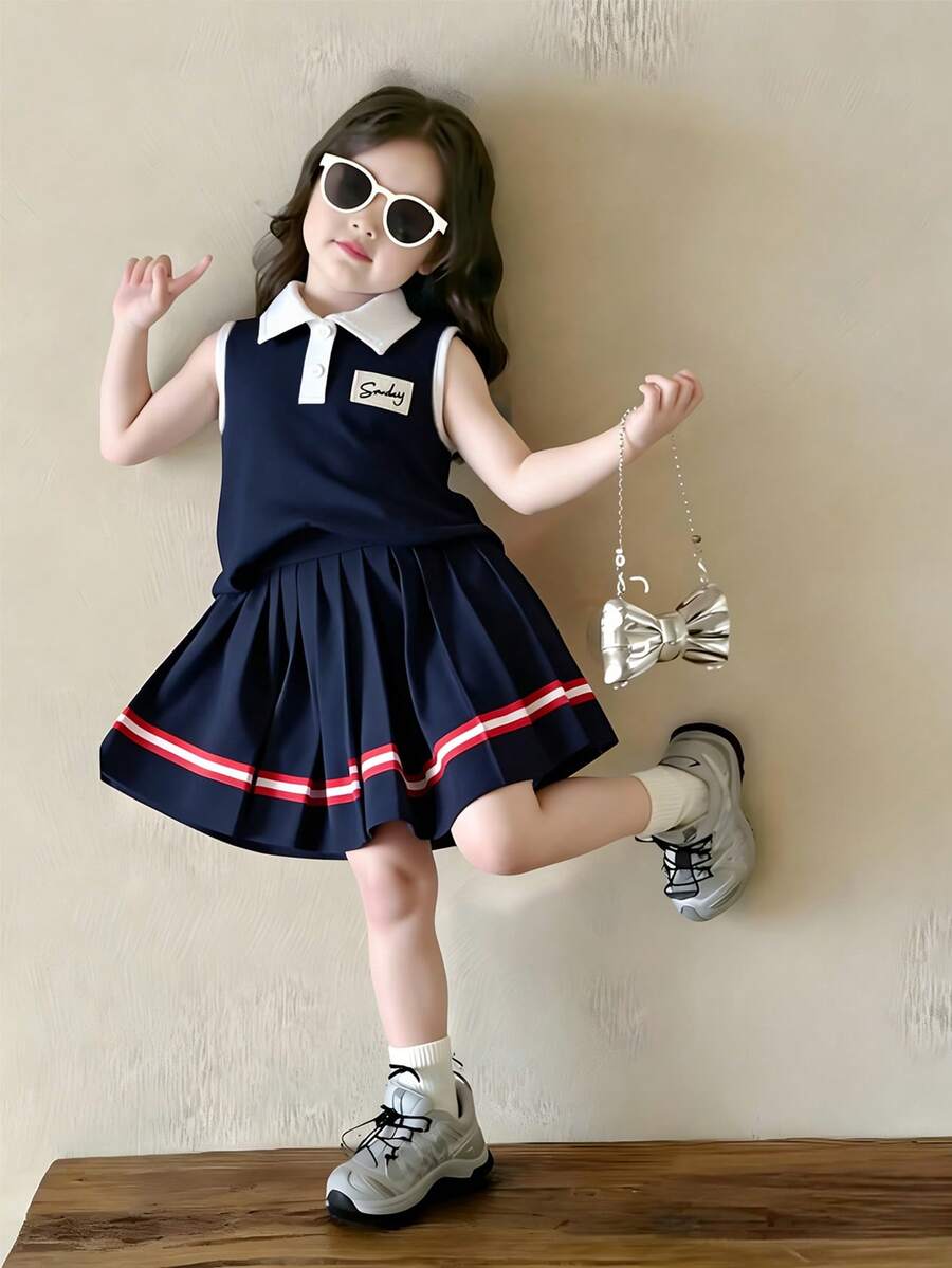 Elladie kids طقم ملابس علوية بياقة بولو بدون أكمام وتنورة قصيرة مطوية قطعتين للبنات، مناسب للمدرسة والسفر والخارج والأداء والارتداء اليومي